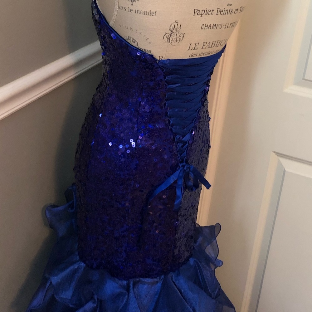 🔴CLEARANCE NEW TIFFANY DESIGNS SZ 2 ROYAL BLUE SEQUIN BEAD CORSET HIGH LOW GOWN - Picture 8 of 13